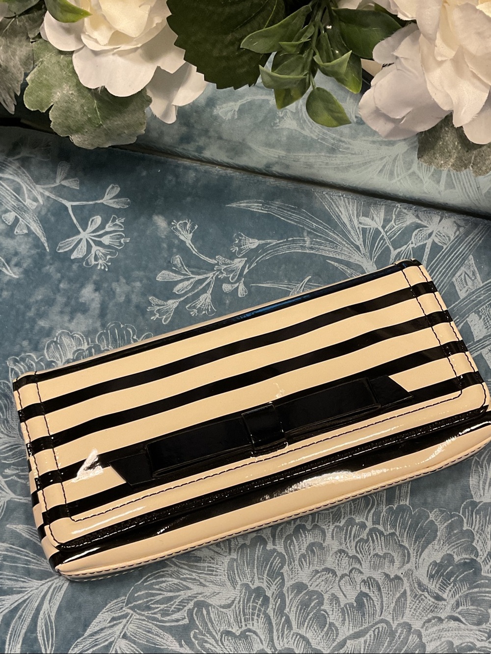 kate spade Black and Cream Striped Patent Bow Clutch